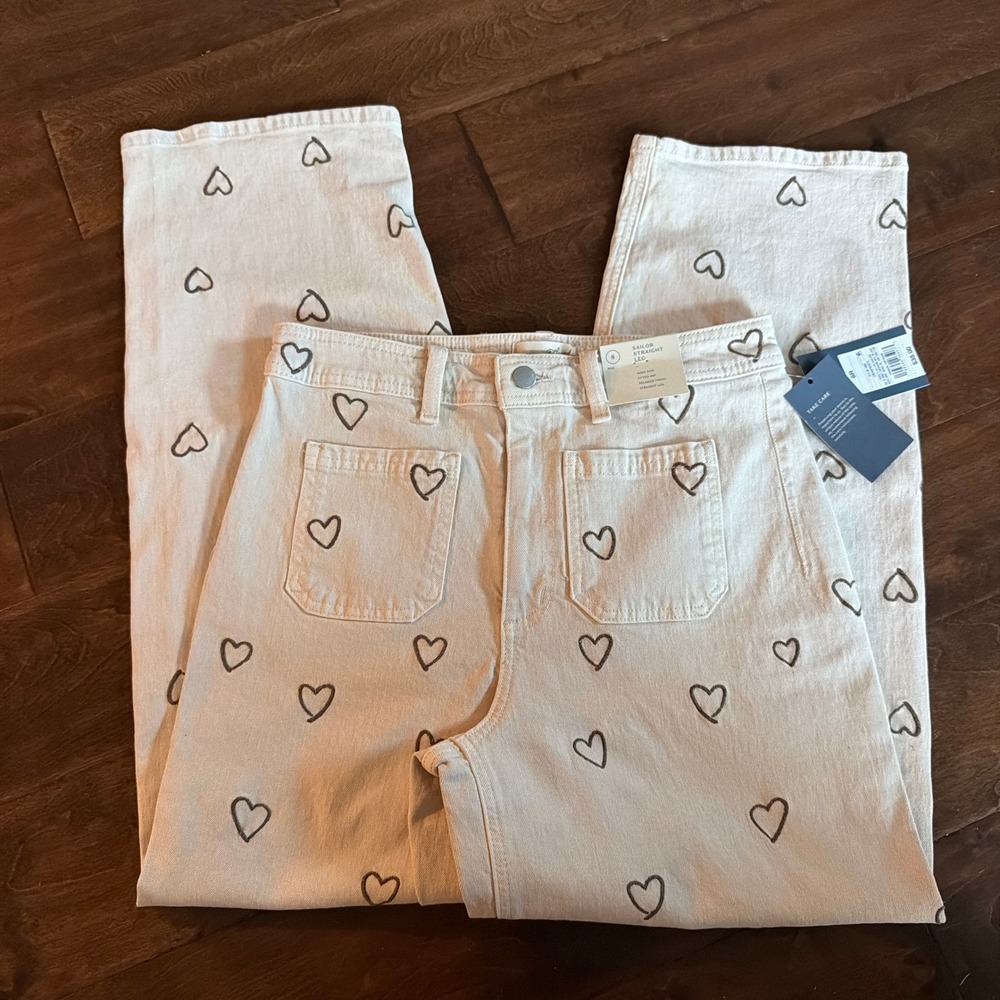 Universal Thread Cream Heart Embroidered Sailor Straight Leg Jeans 8R NWT